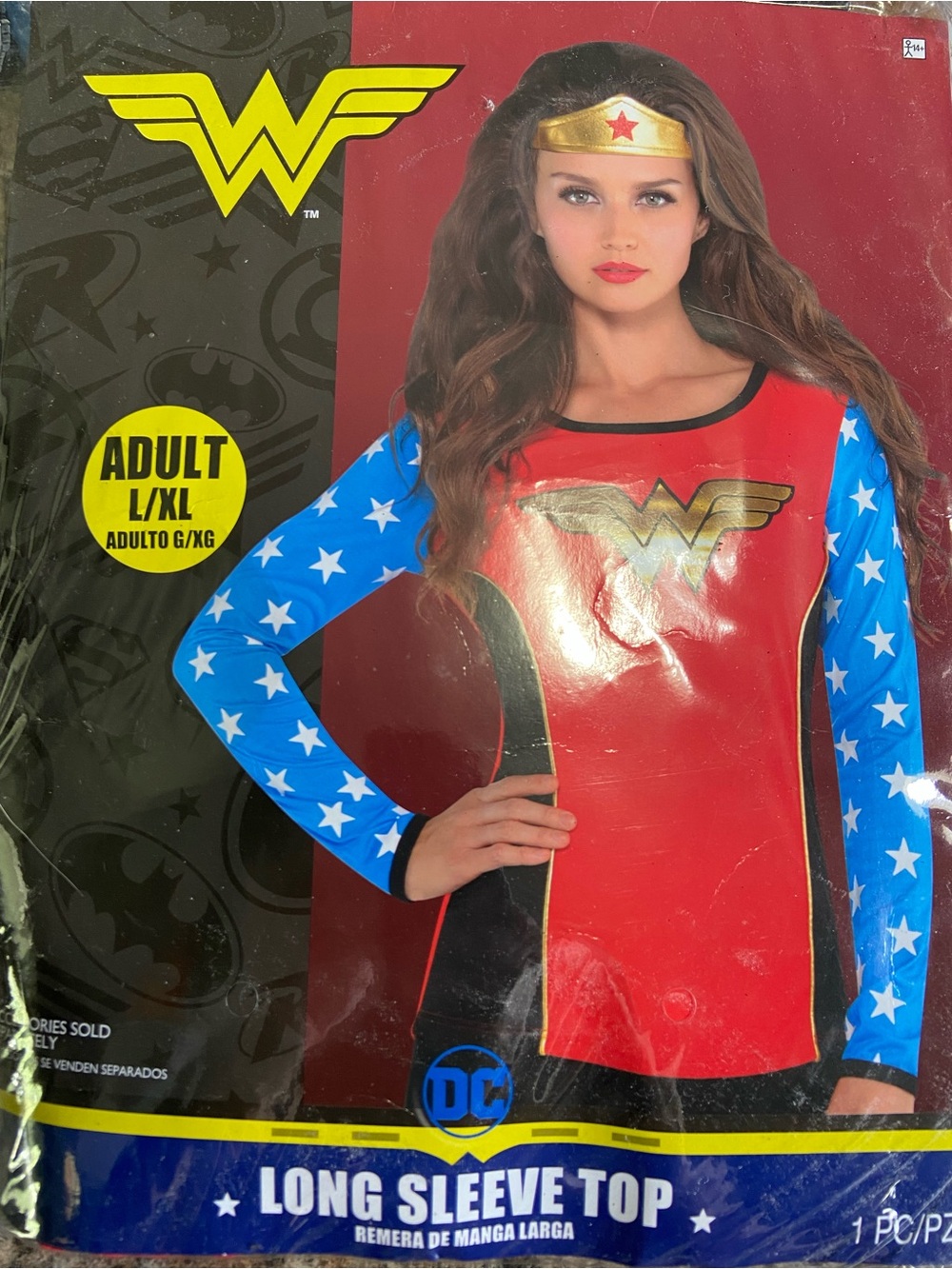 DC Women's Red Long Sleeve Top with Blue Star Sleeves
